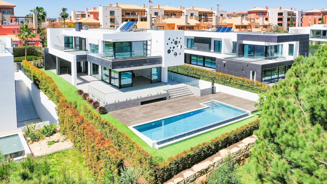 Luxury apartment and villa development aerial view, high-value real estate