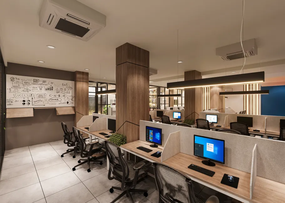 Contemporary office space with open workstations and natural light