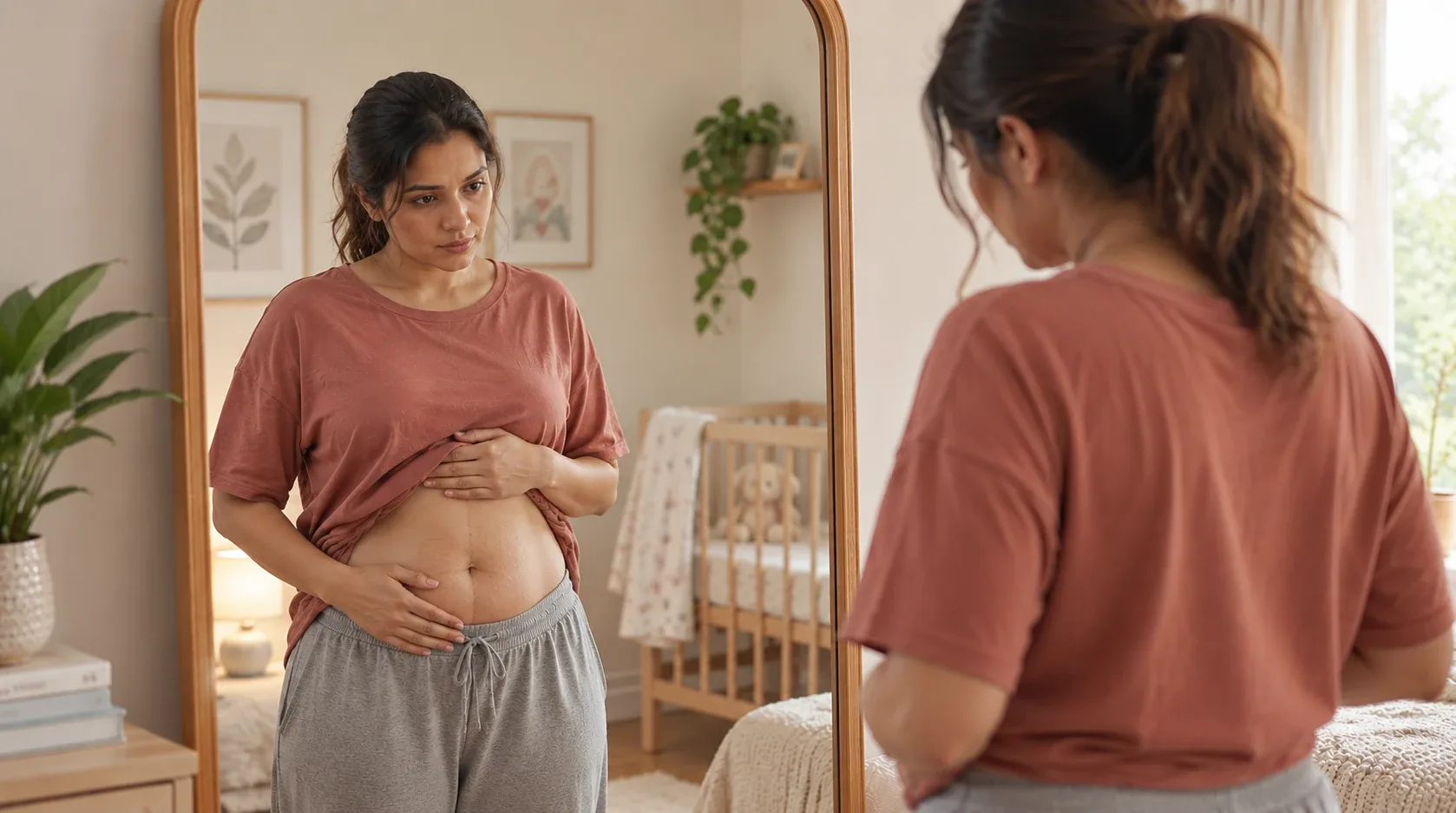 A postpartum mother standing in front of a mirror, gently observing her naturally rounded abdomen with a calm, thoughtful expression. A baby’s crib