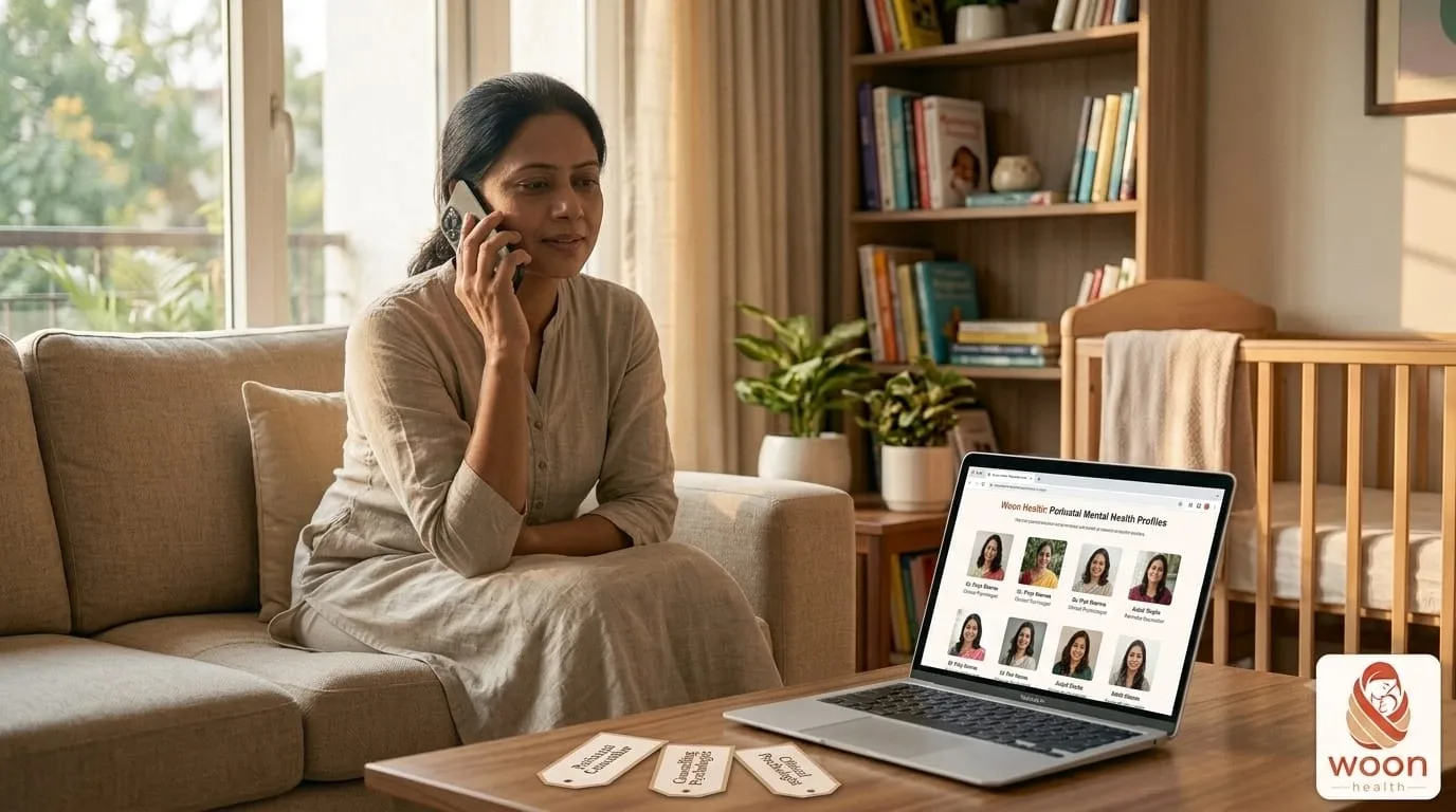 A mother speaking with a mental health professional from home, with a calm and supportive postpartum care setting.