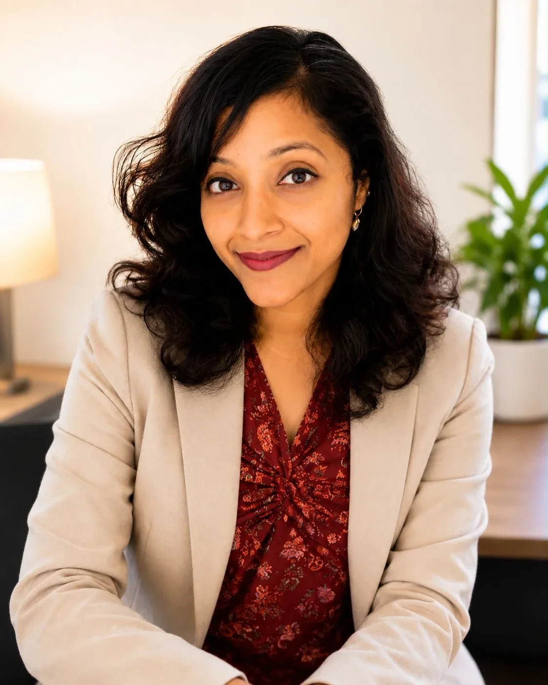 professional headshot of a woman perinatal counsellor, warm and open expression, soft natural light