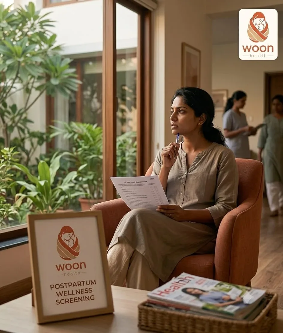 A South Asian mother sits thoughtfully with an EPDS form in a warm clinic.