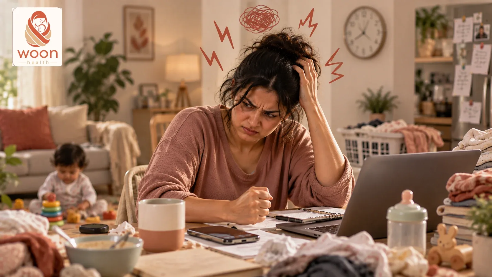 A mother sitting at home with a tense, frustrated expression as everyday work, household and parenting demands build up around her, while her child