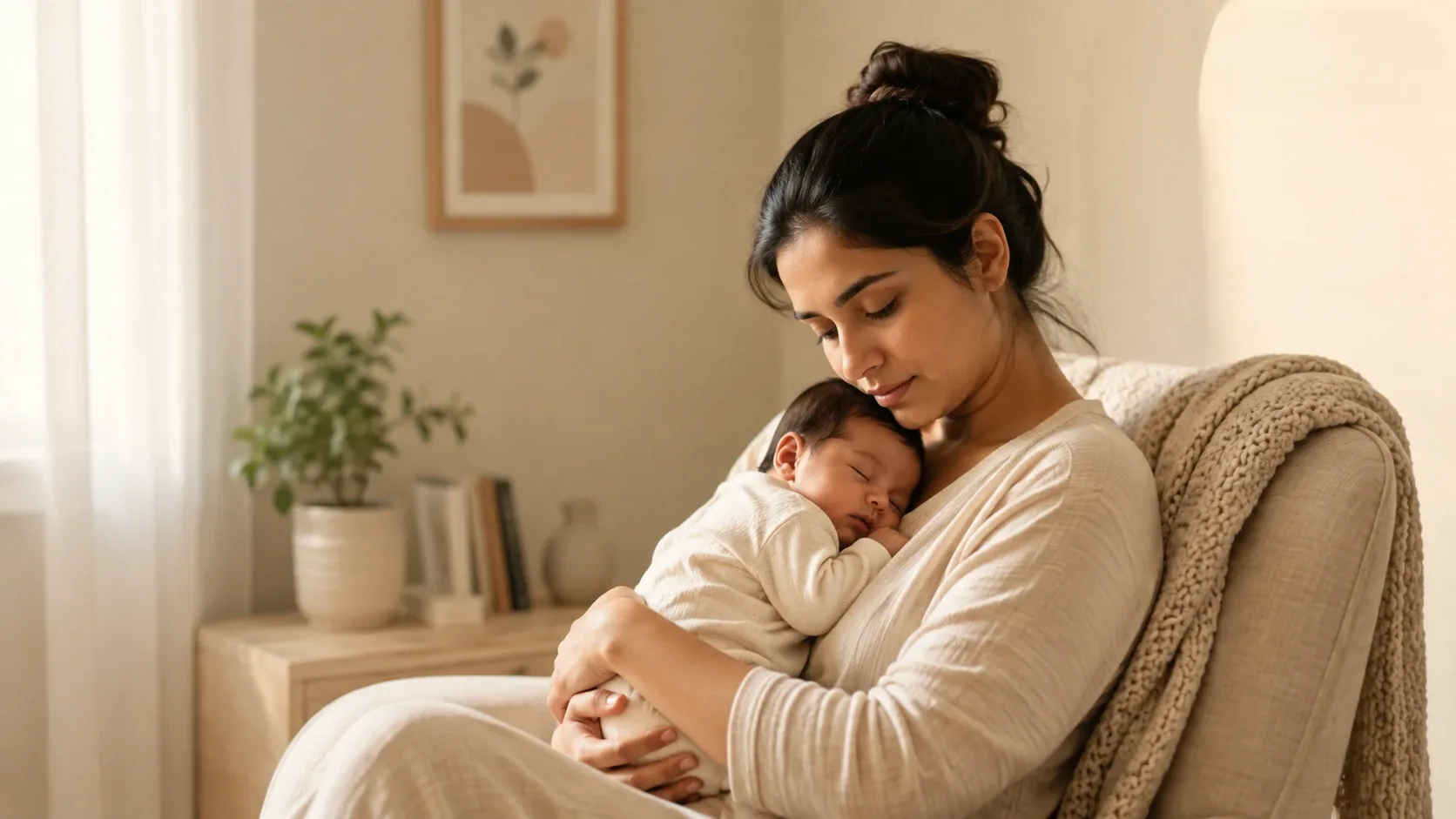 A mother holding her newborn baby at home during the early postpartum period.
