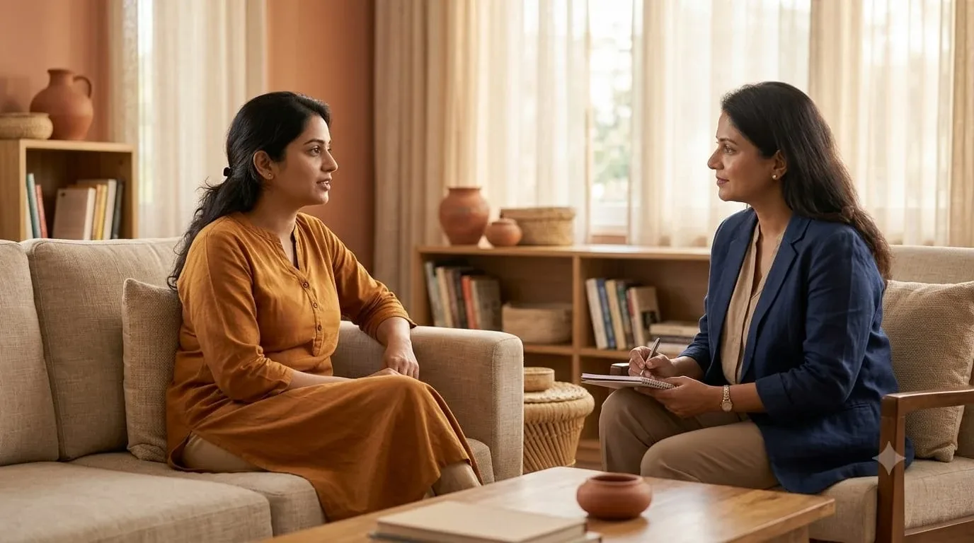 A mother speaks calmly with a therapist in a warm, welcoming consultation room, reflecting support and perinatal mental health care.