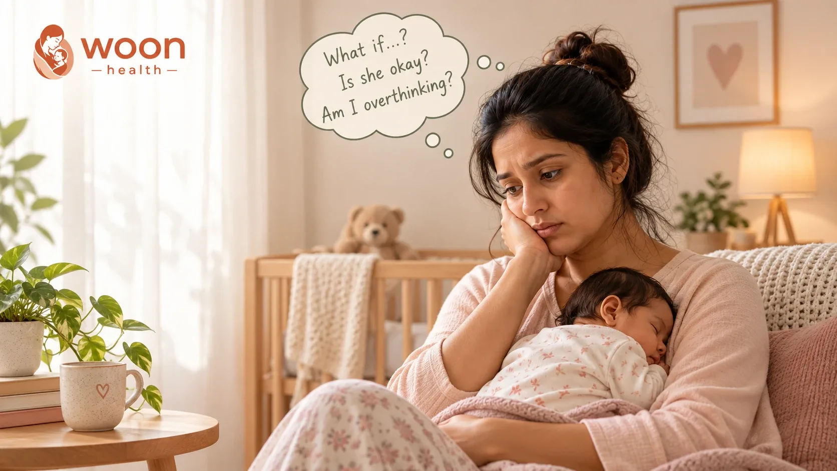A new mother holding her sleeping baby while experiencing anxious thoughts about her baby’s wellbeing.