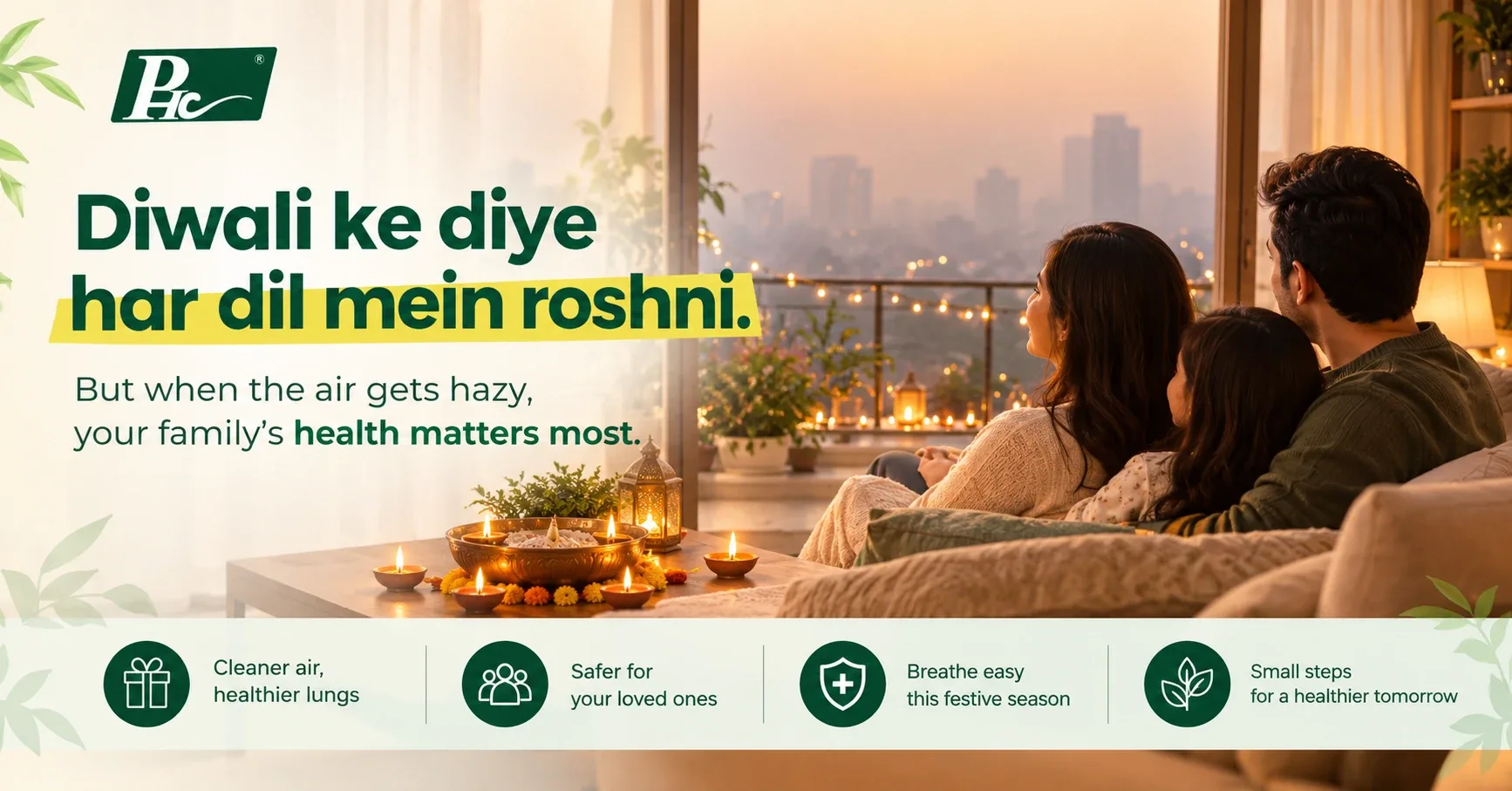 Diwali diyas on a Gurugram balcony with evening haze, illustrating Diwali air pollution and breathing problems
